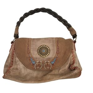 Sharif Studio Leather Distressed Southwestern Festival Embroidered Brown Handbag